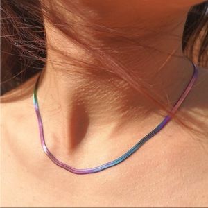 New Minimalist Aura Rainbow Oil Slick Herringbone Chain Necklace